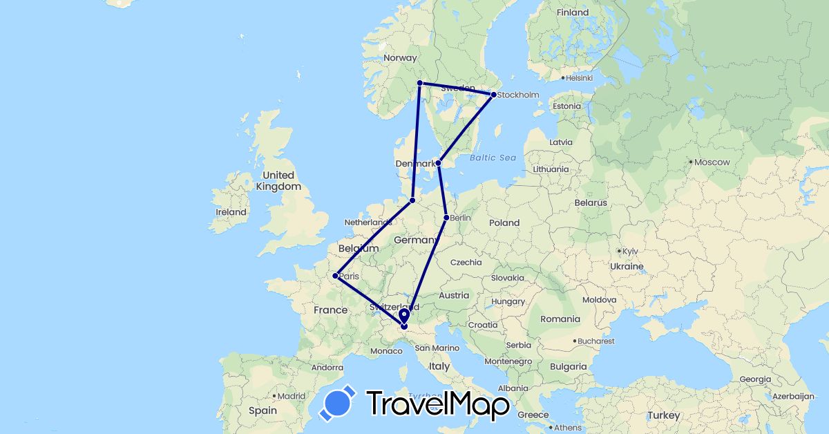TravelMap itinerary: driving in Germany, Denmark, France, Italy, Norway, Sweden (Europe)